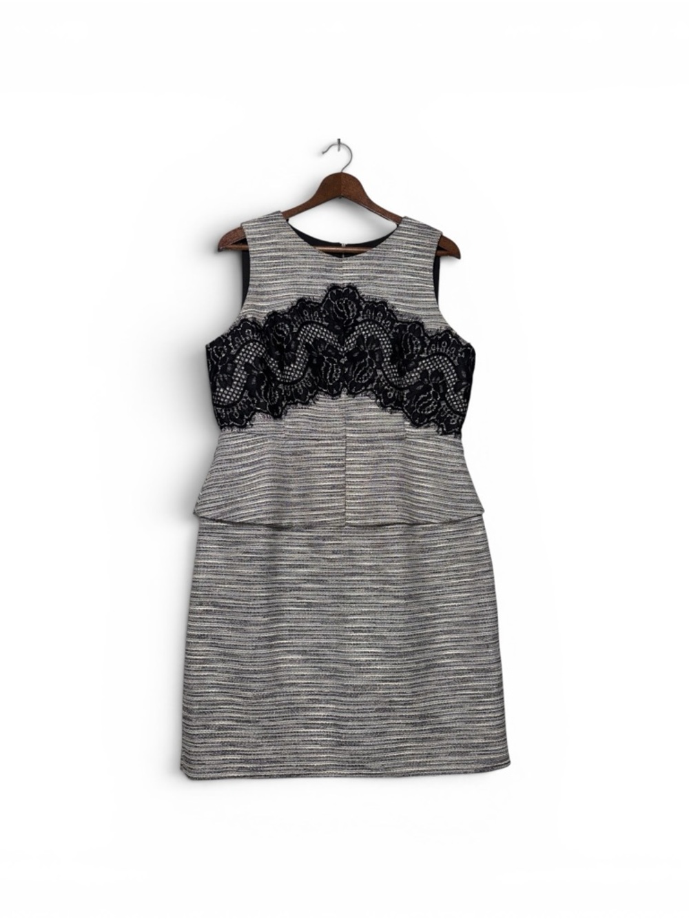 Antonio Melani Billy Peplum Sheath Dress Black Ivory Lace Tweed Women’s Size 14